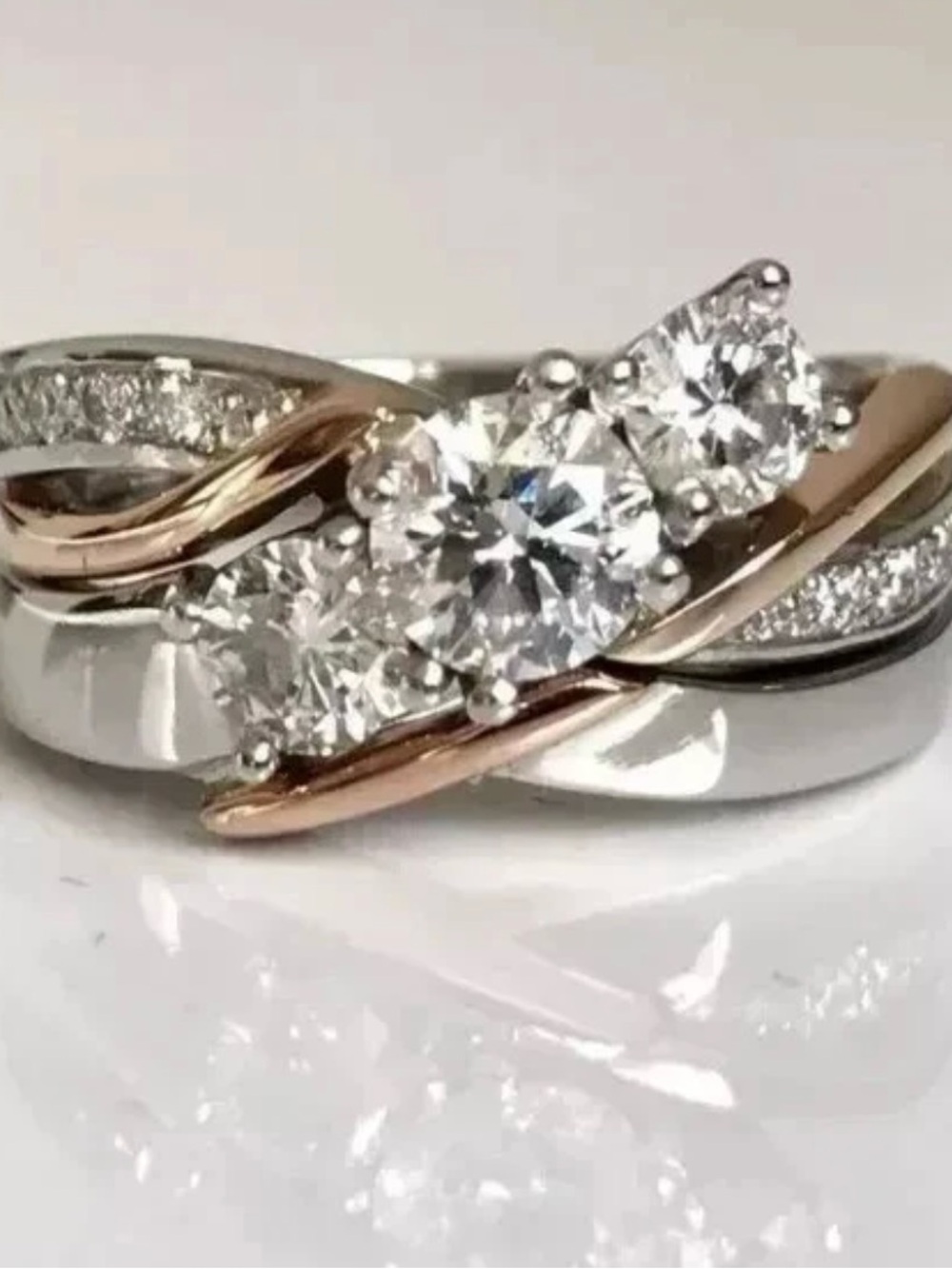 Silver & Rose Gold Two-Tone Cubic Zirconia Three-Stone Ring - Picture 6 of 8